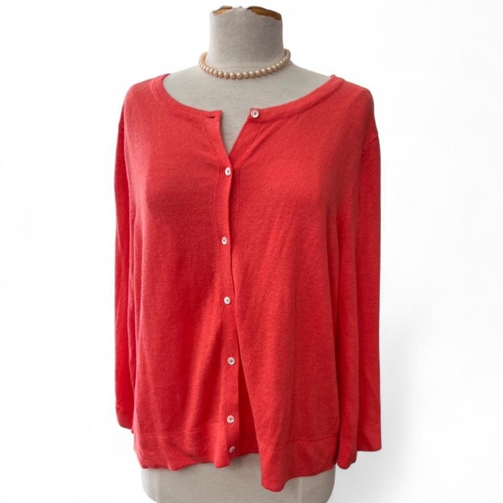 NWT J. Jill Linen Blend V-Neck Cardigan in bright Papaya - Large